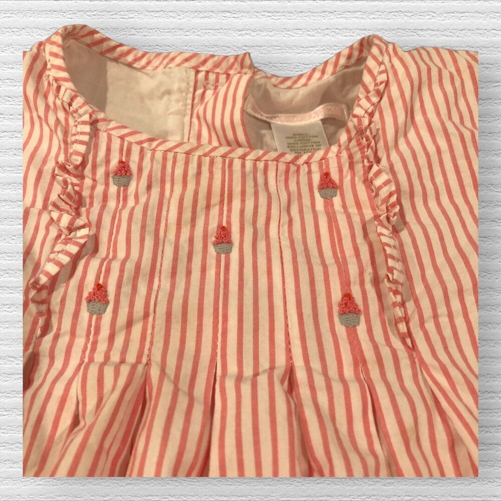 Janie & Jack Size 3 CUPCAKE EMBROIDERED STRIPE TOP Pink Cotton Lined